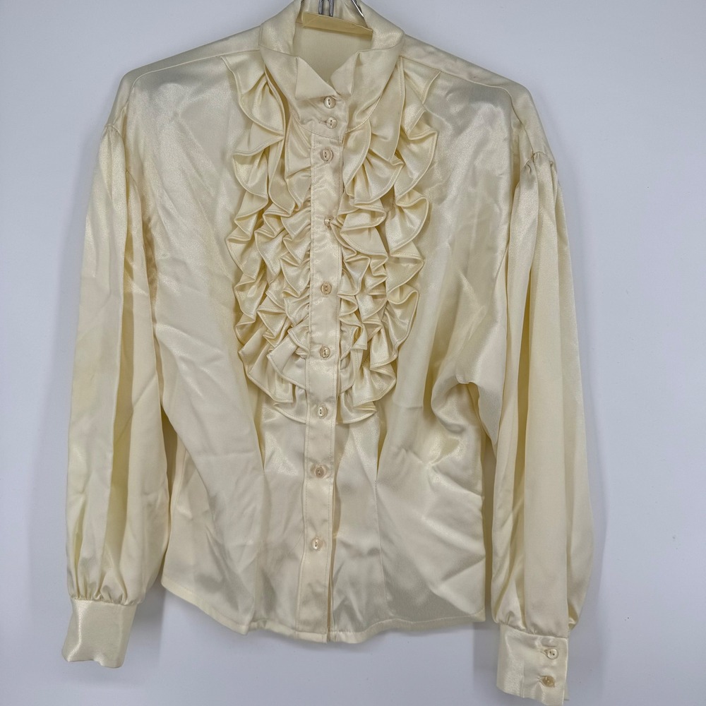 VTG Gunne Sax Jessica McClintock Cream Satin Ruffle Jabot Blouse Top Victorian